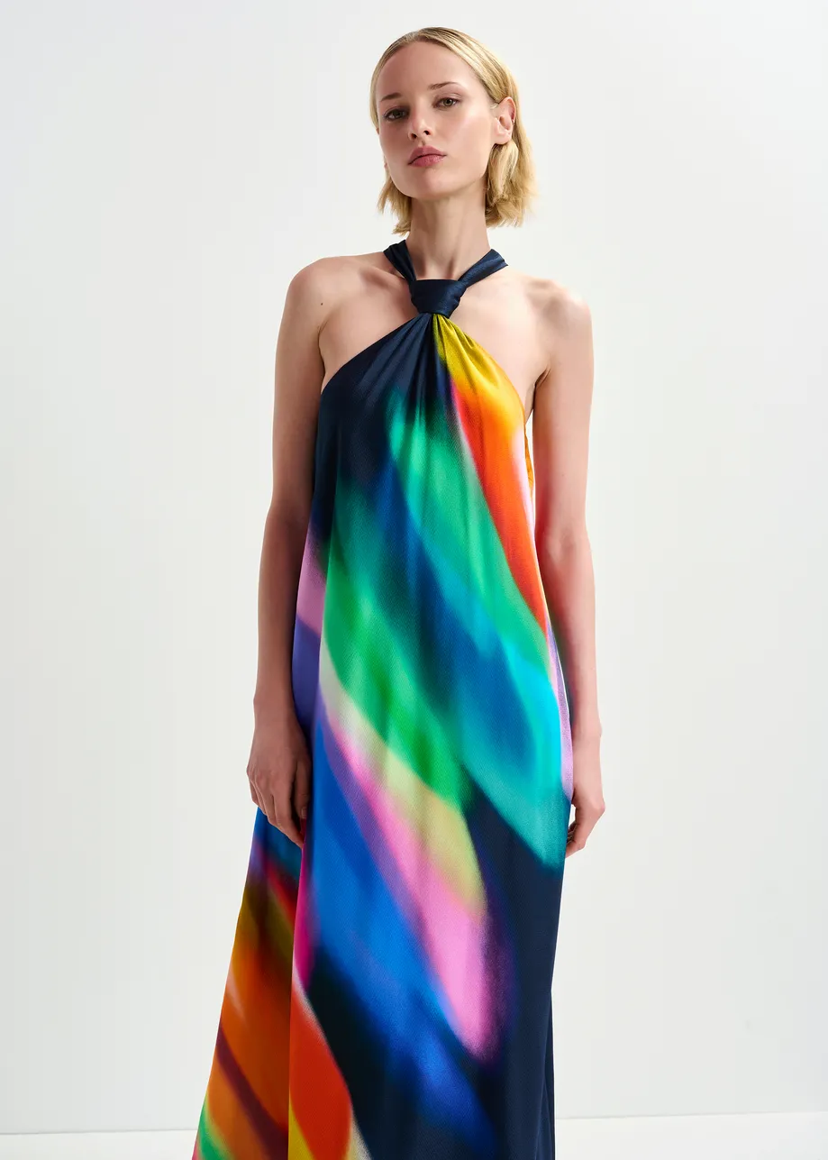 Dark blue and multicolored halterneck maxi-dress with knot detail