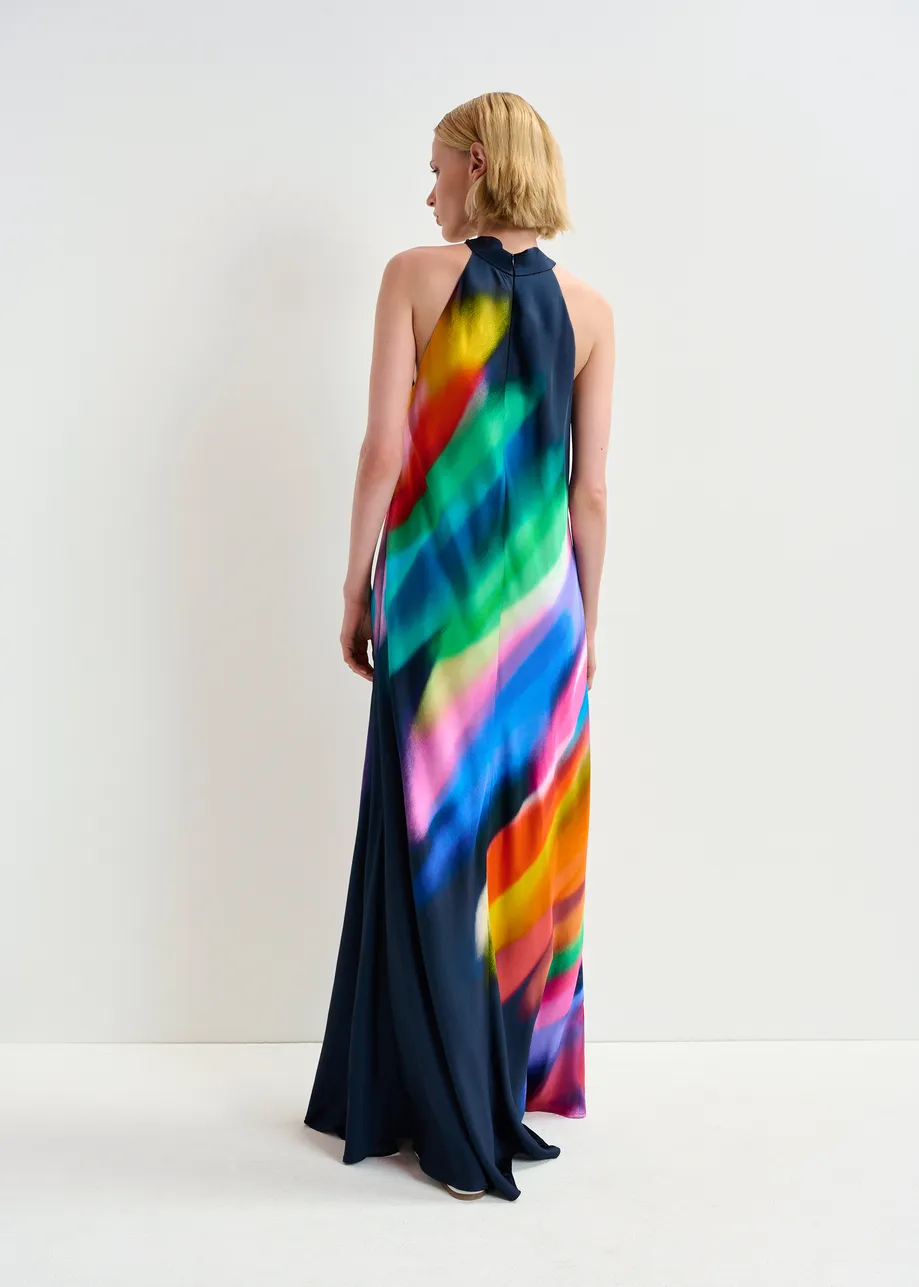 Robe longue bleu foncé et multicolore à encolure américaine et nœud