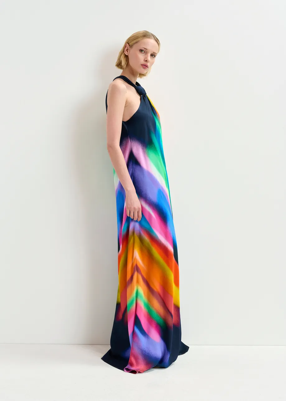 Maxi-abito con scollo all'americana blu scuro e multicolore con dettaglio nodo