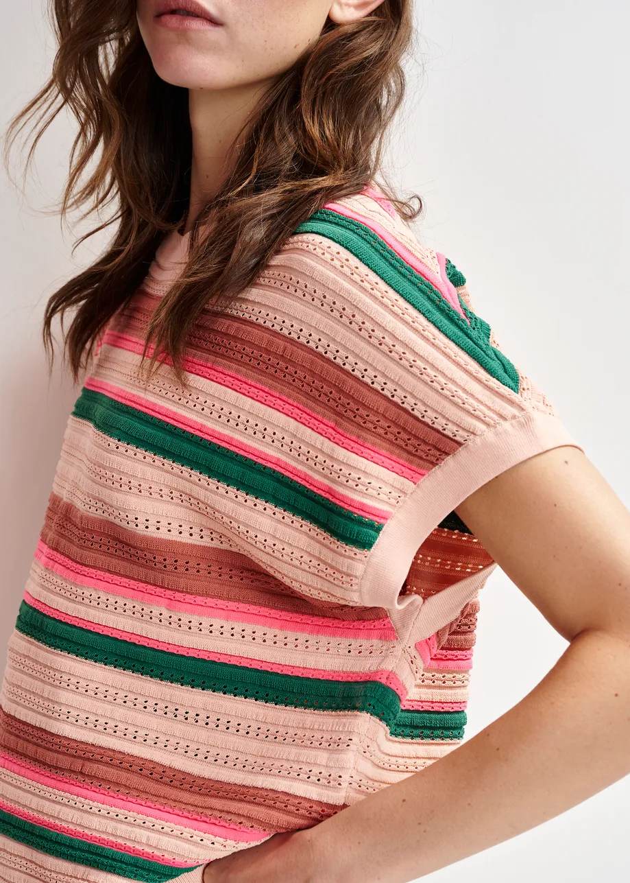 Peach, green and pink striped knit top with cap sleeves