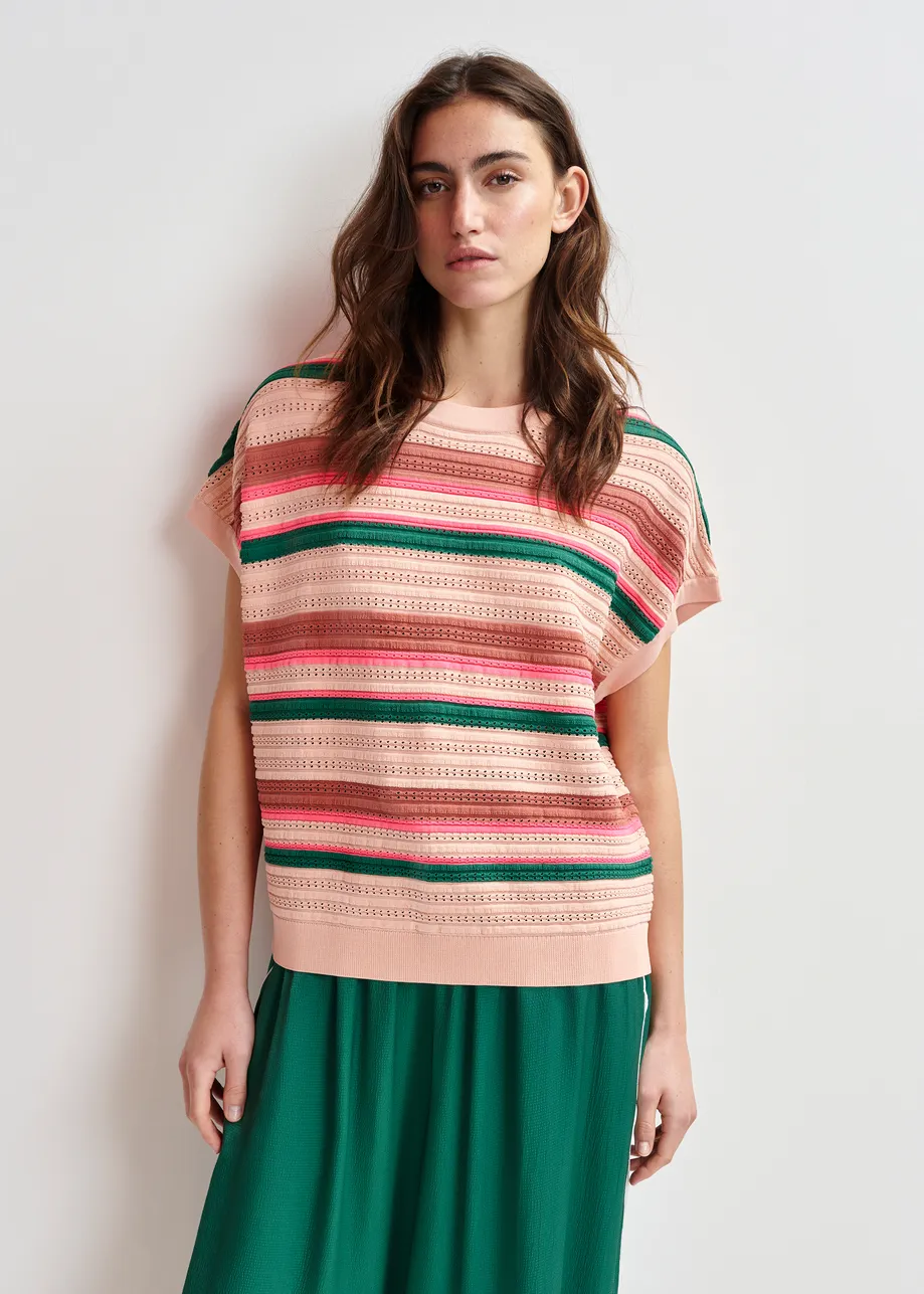 Peach, green and pink striped knit top with cap sleeves