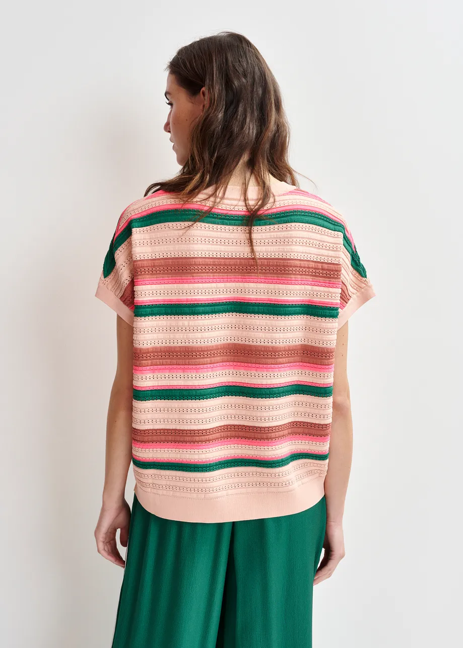 Peach, green and pink striped knit top with cap sleeves