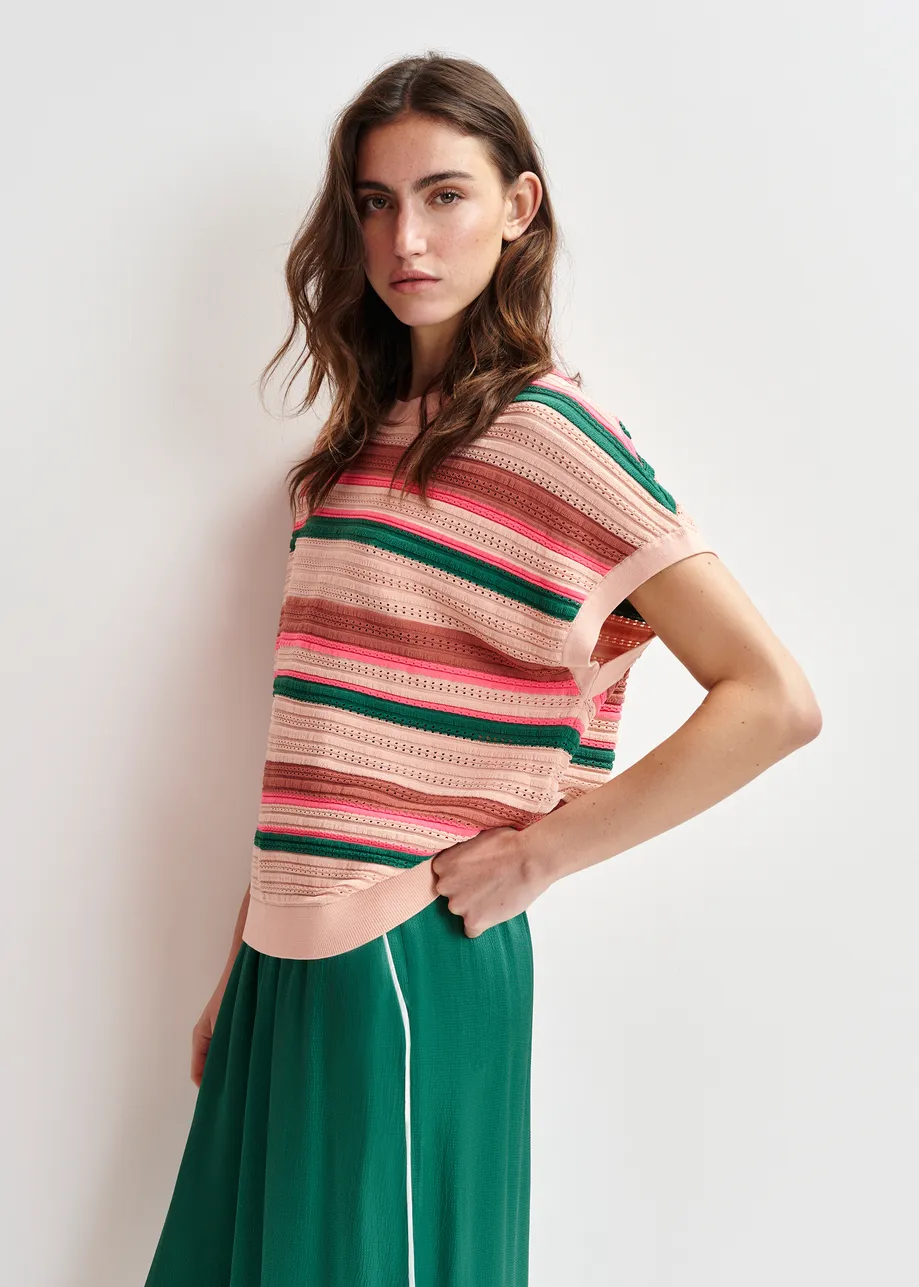 Peach, green and pink striped knit top with cap sleeves