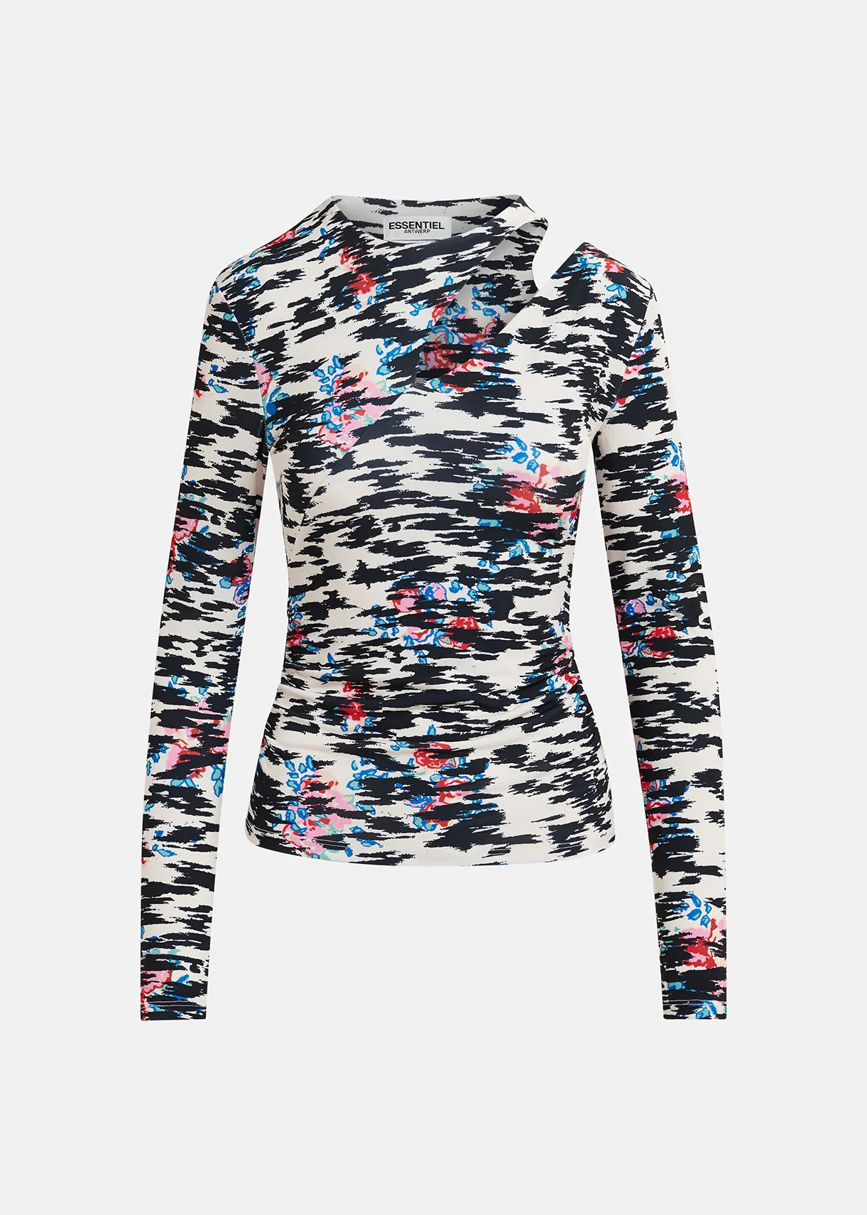 Black, white and multicolored ruched turtleneck top with zebra