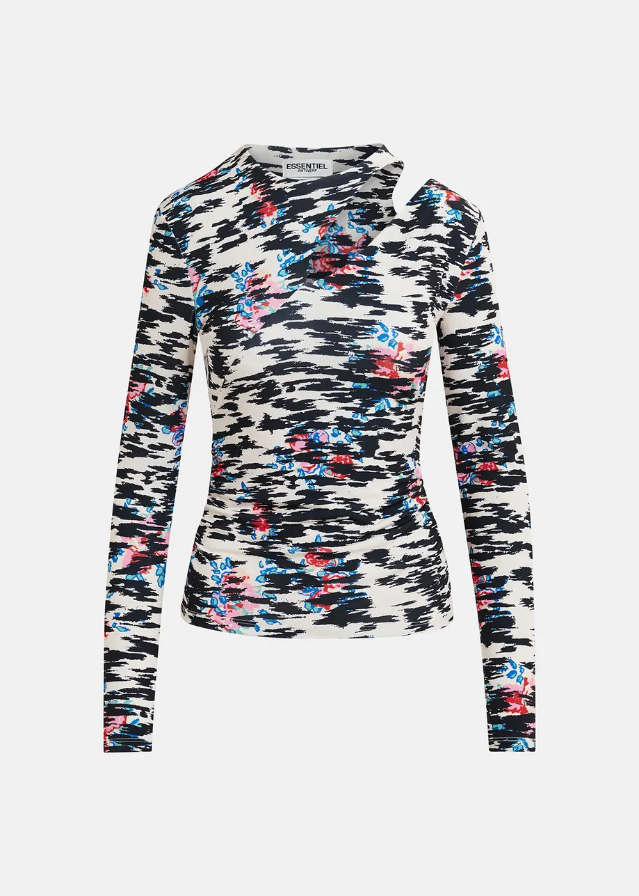 Black, white and multicolored ruched turtleneck top with zebra-print