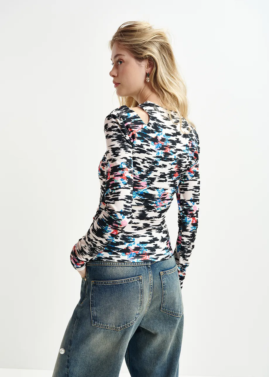 Black, white and multicolored ruched turtleneck top with zebra-print