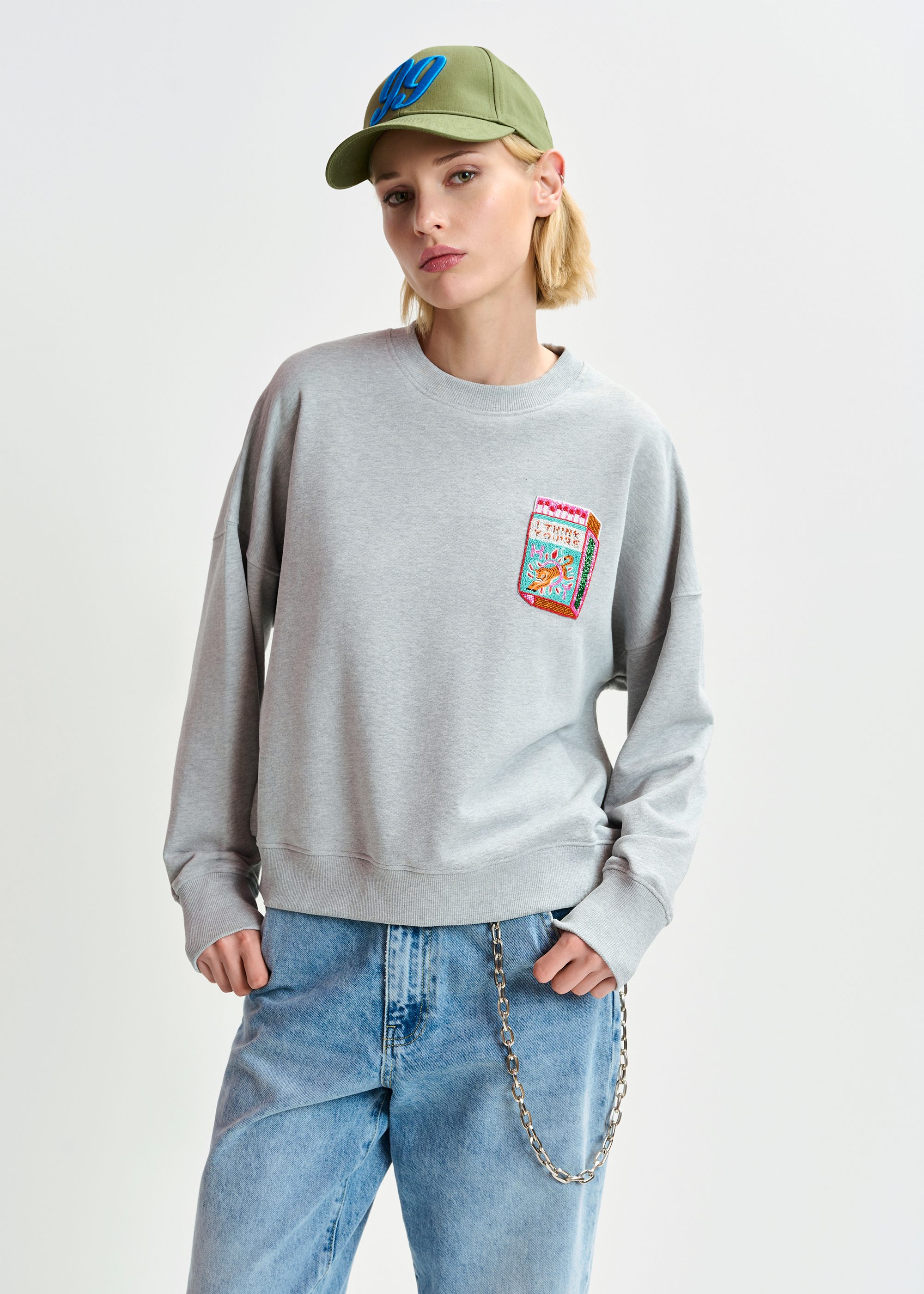 Grey organic cotton sweatshirt with bead-embroidery | Essentiel