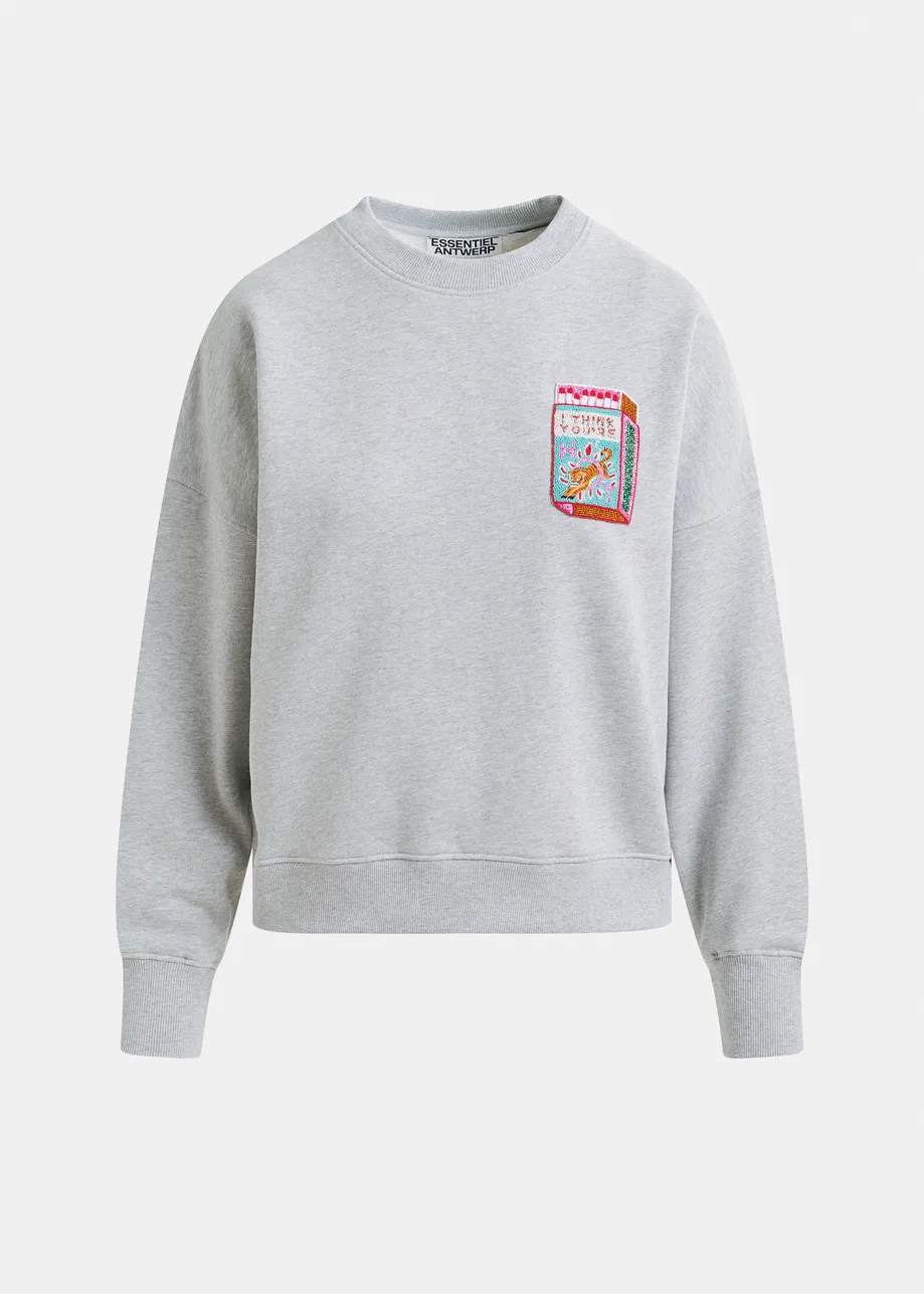 Graues Sweatshirt aus Bio-Baumwolle mit Perlenstickerei