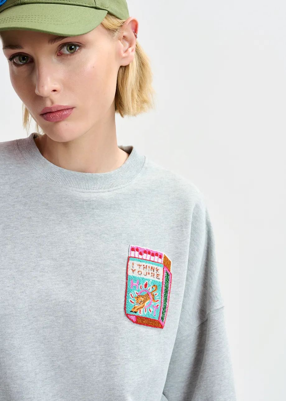 Grey organic cotton sweatshirt with bead-embroidery