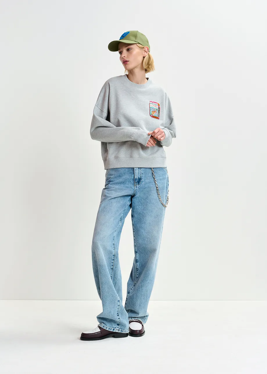 Grey organic cotton sweatshirt with bead-embroidery