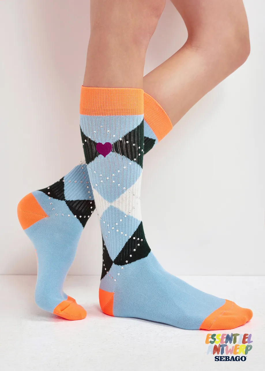 Light blue, orange and dark green check-motif socks 