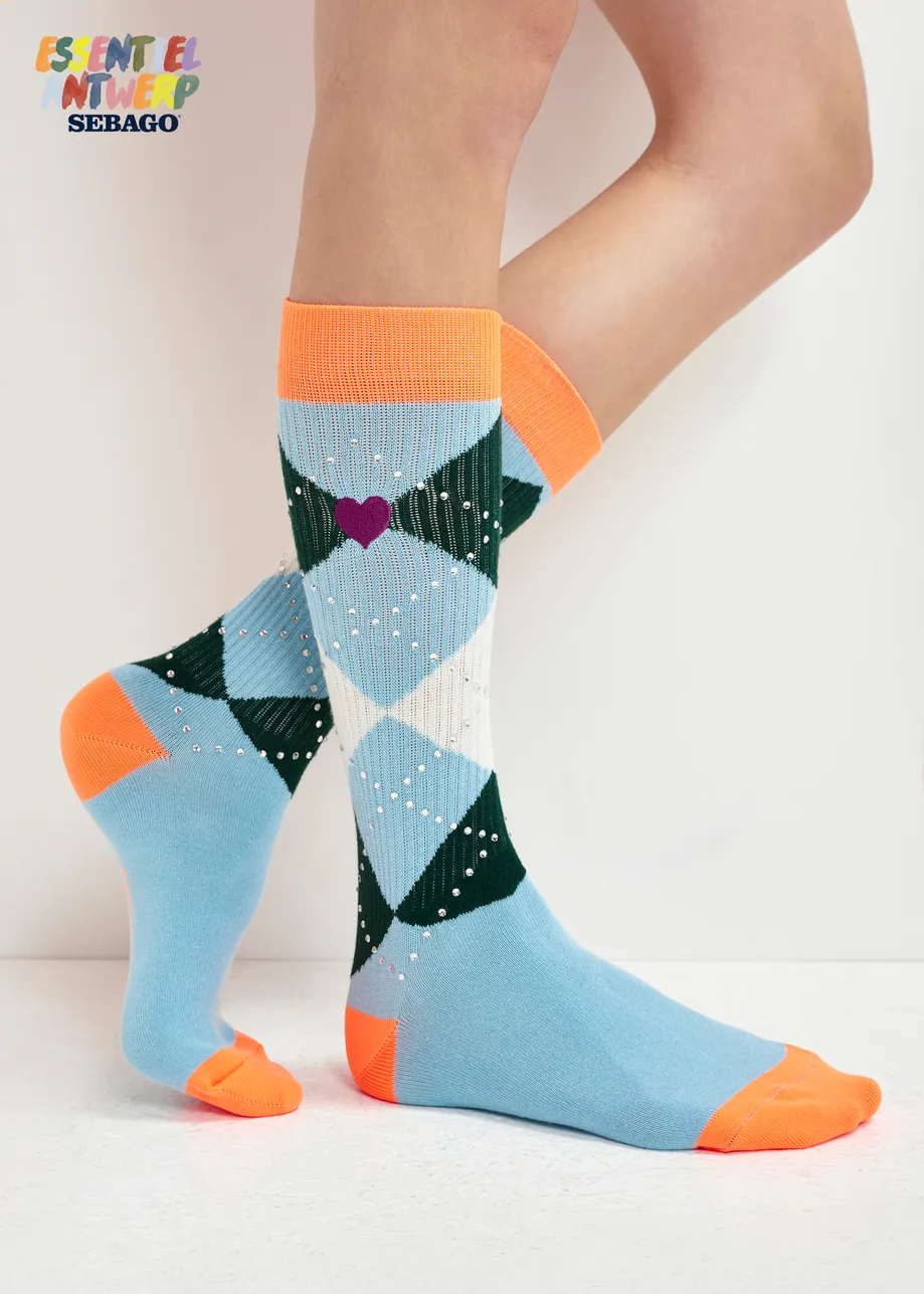 Dark blue, green and pink check-motif socks