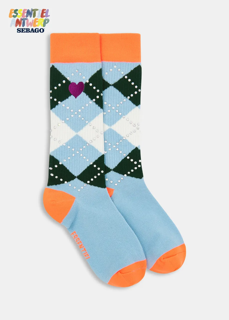 Dark blue, green and pink check-motif socks