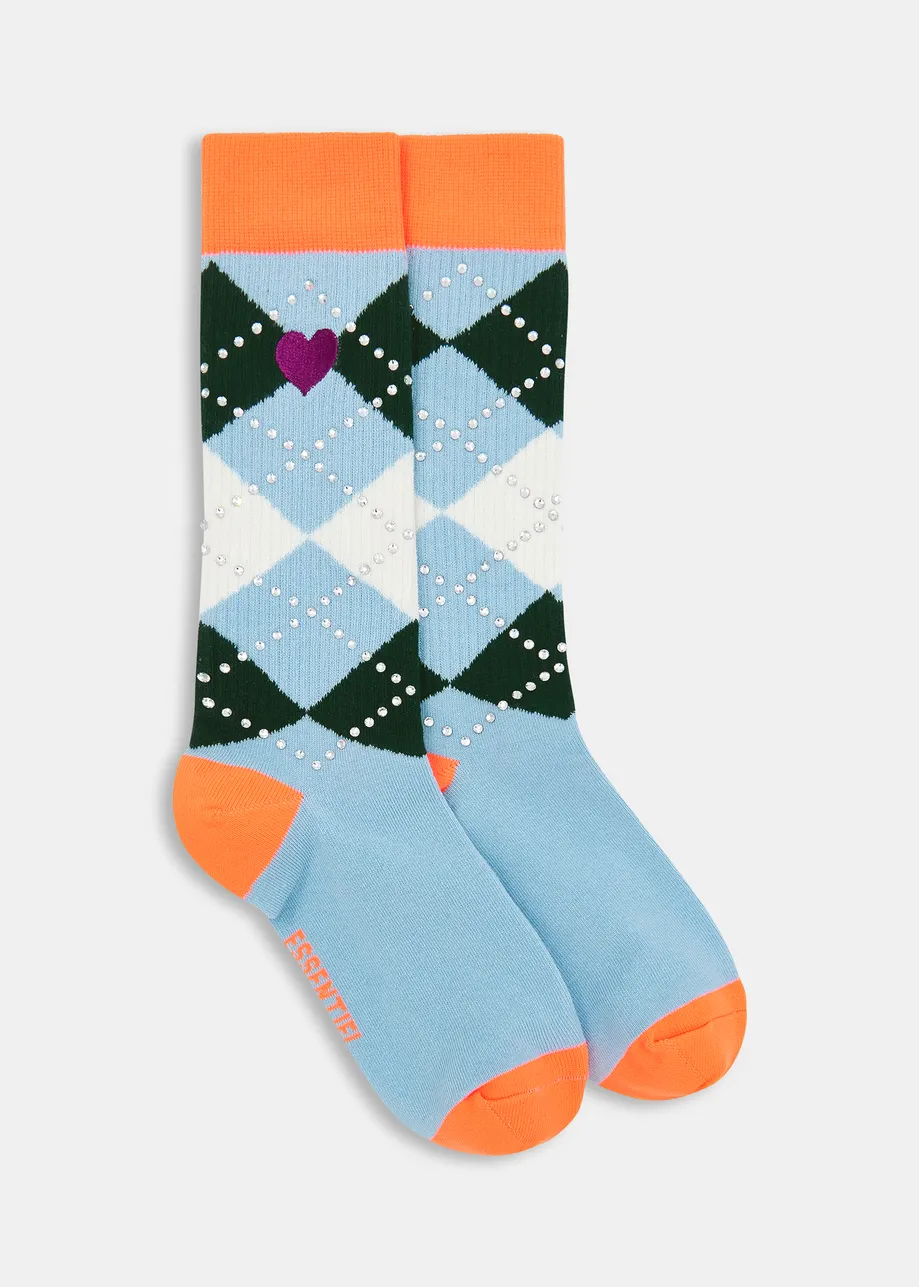 Light blue, orange and dark green check-motif socks 