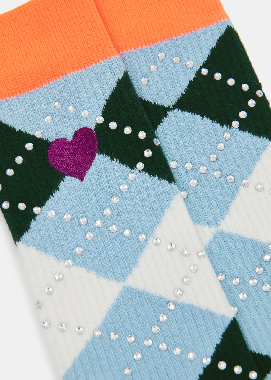 Light blue, orange and dark green check-motif socks 