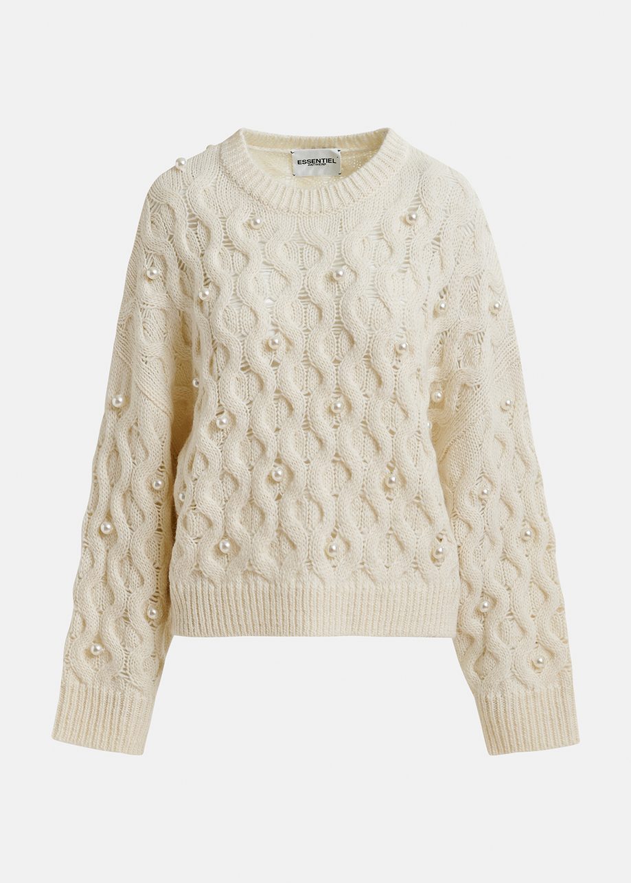 Ecru cable knitted sweater with pearl embellishments