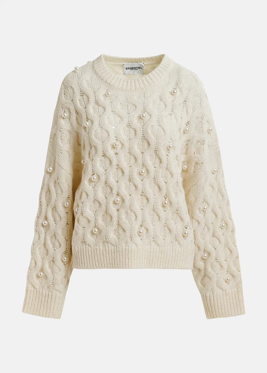 Ecru cable knitted sweater with pearl embellishments