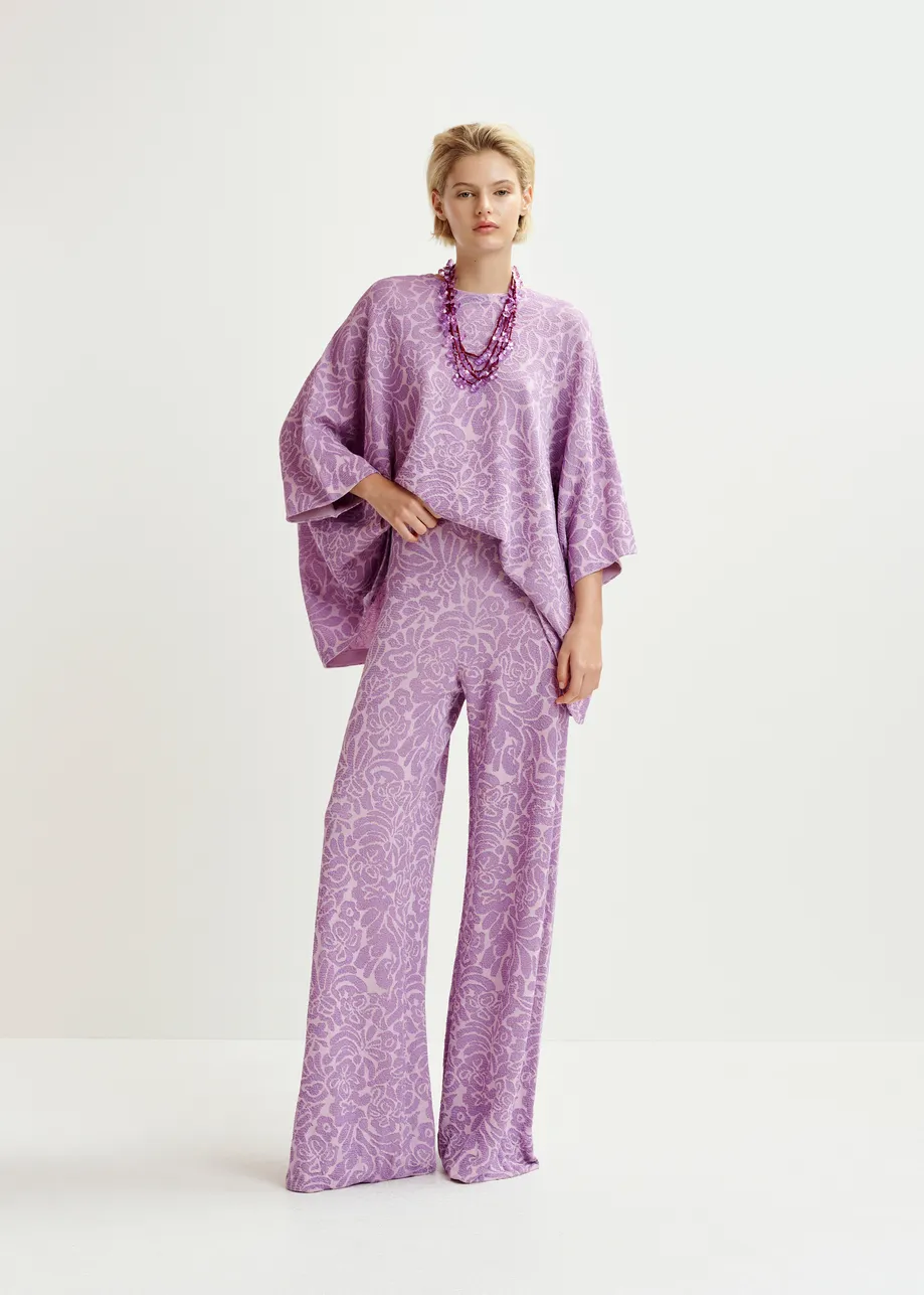 Purple and mauve floral jacquard-knit flared leg pants