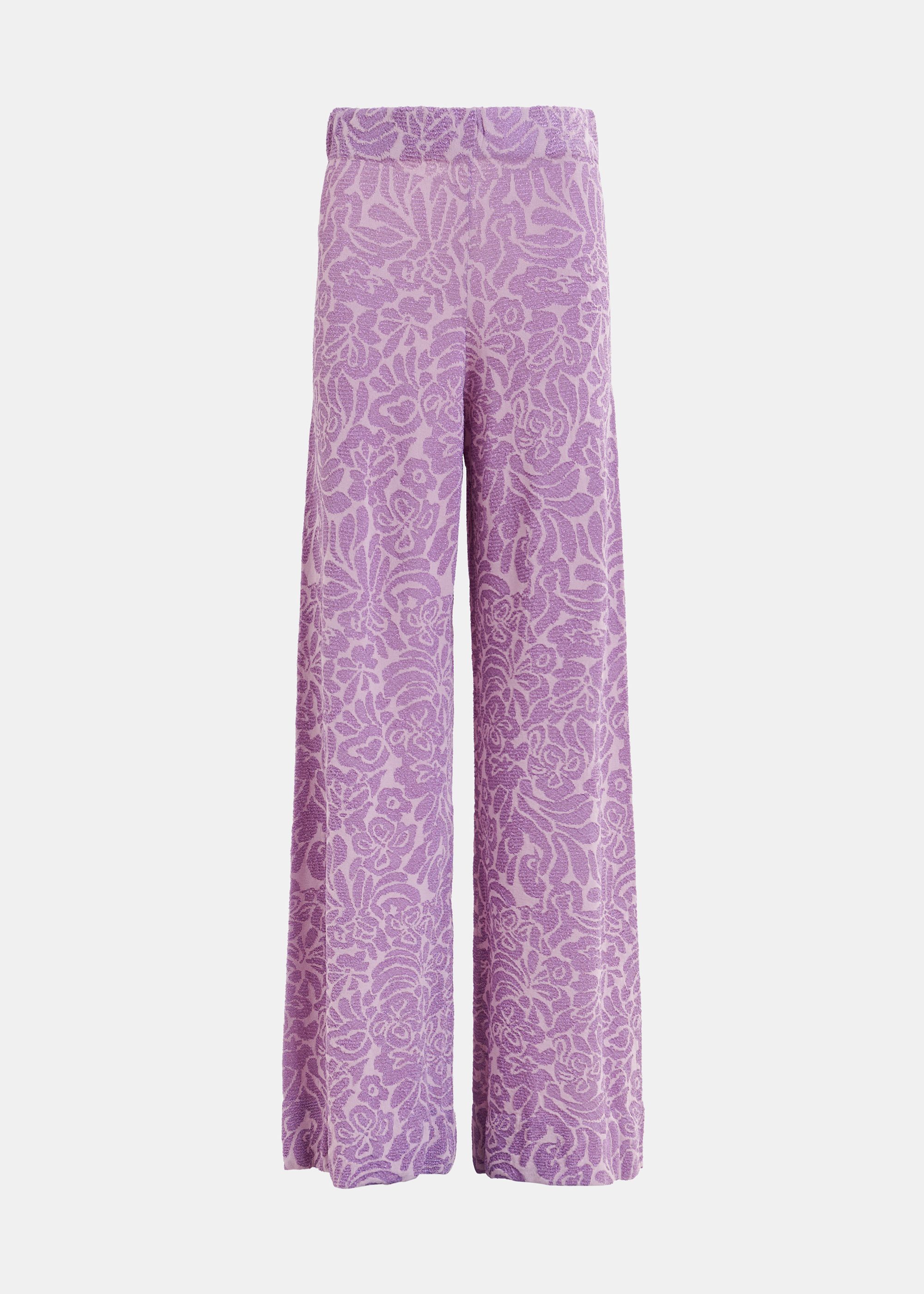 Purple and mauve floral jacquard-knit flared leg pants