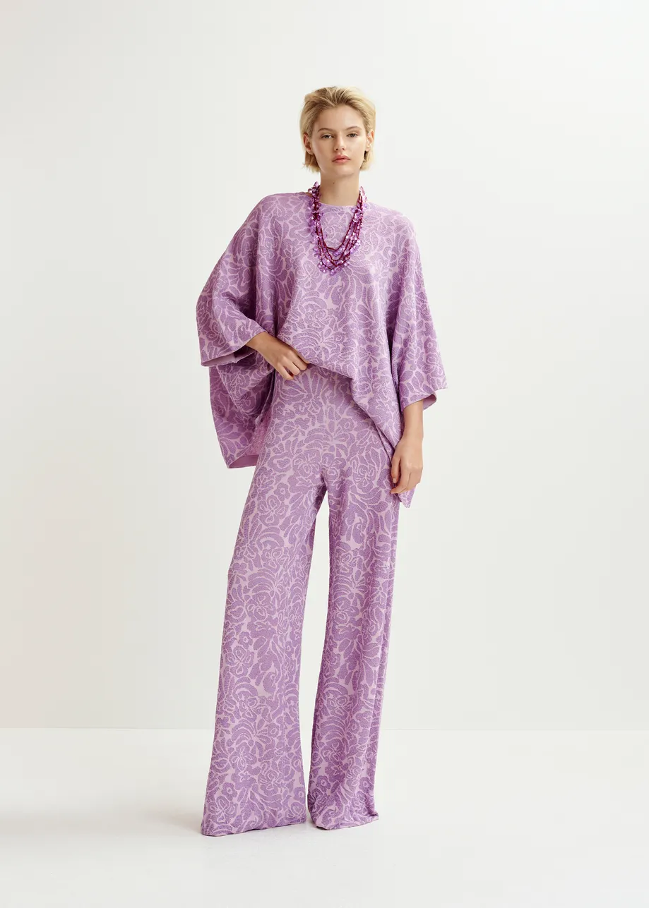 Purple and mauve floral jacquard-knit flared leg pants