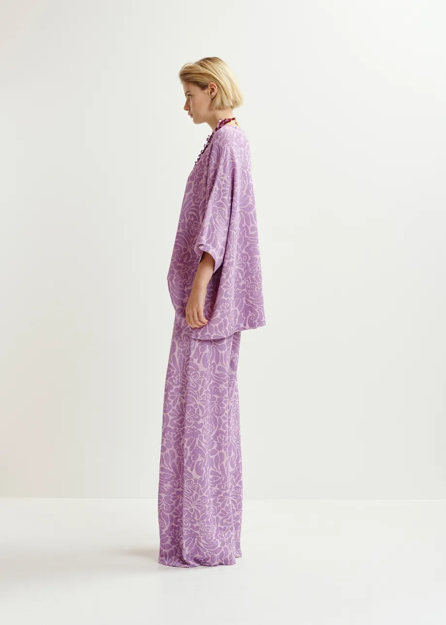 Purple and mauve floral jacquard-knit flared leg pants