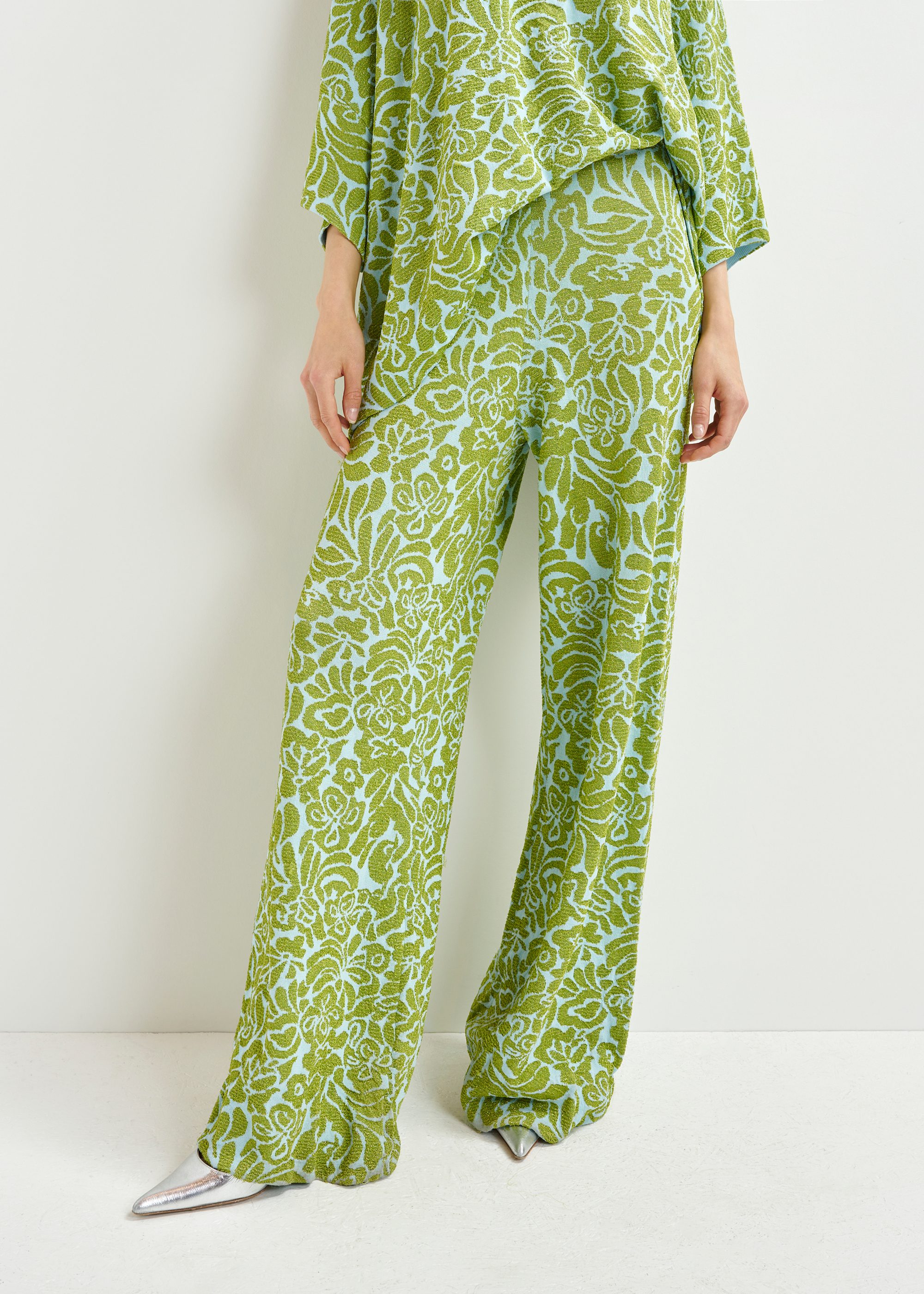 Green and blue floral jacquard-knit flared leg pants | Essentiel