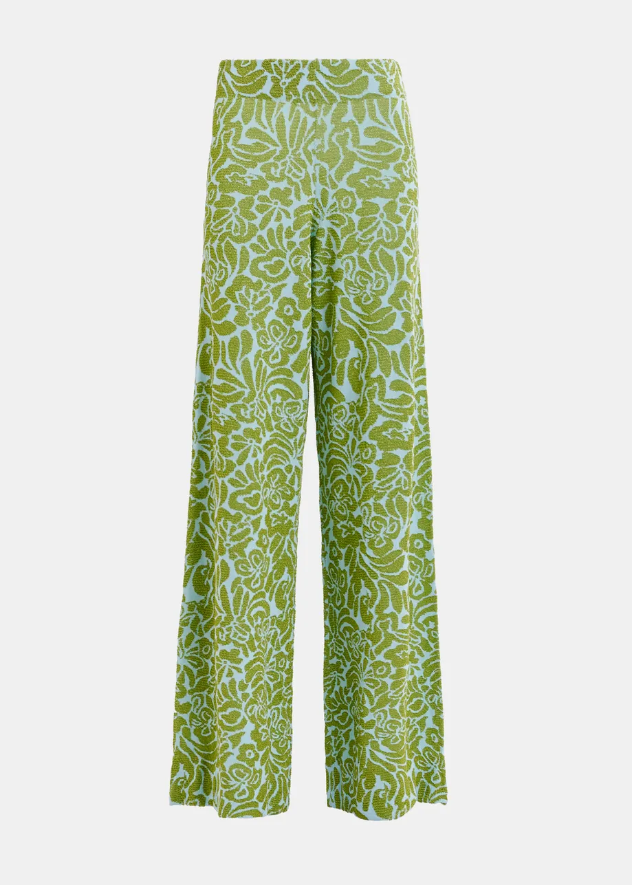 Pantalon évasé en maille jacquard fleurie vert et bleu