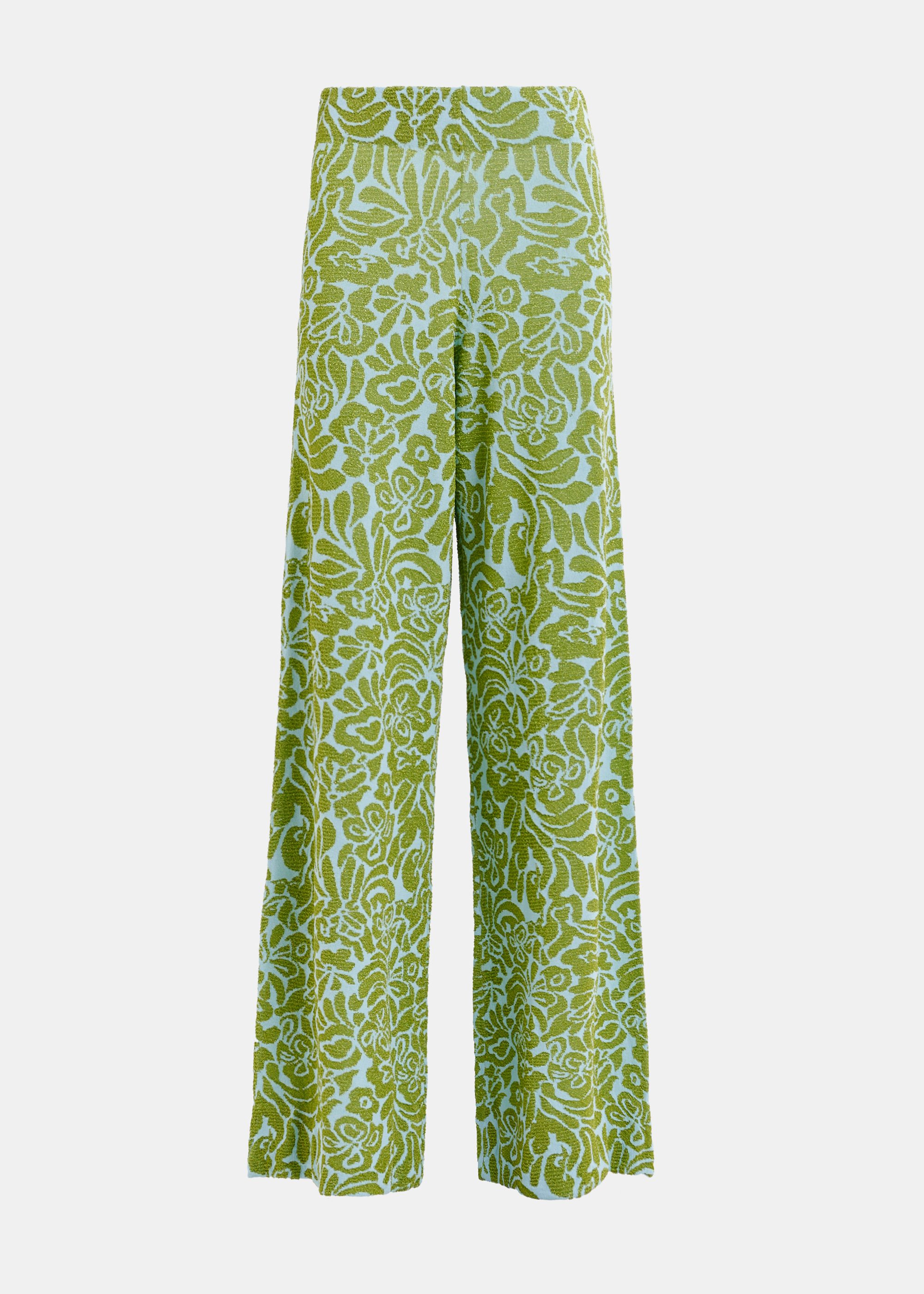 Green and blue floral jacquard-knit flared leg pants