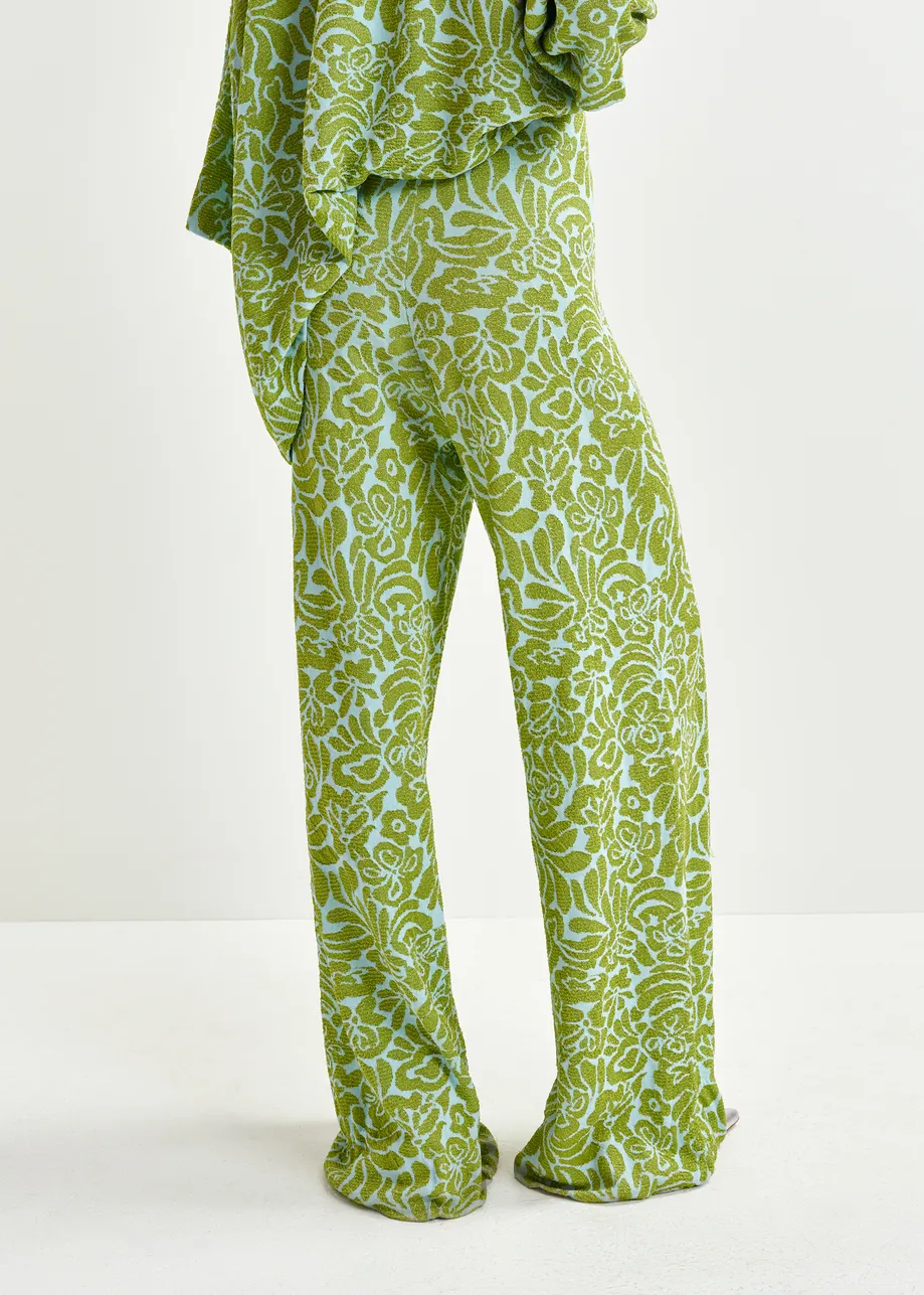 Pantalon évasé en maille jacquard fleurie vert et bleu