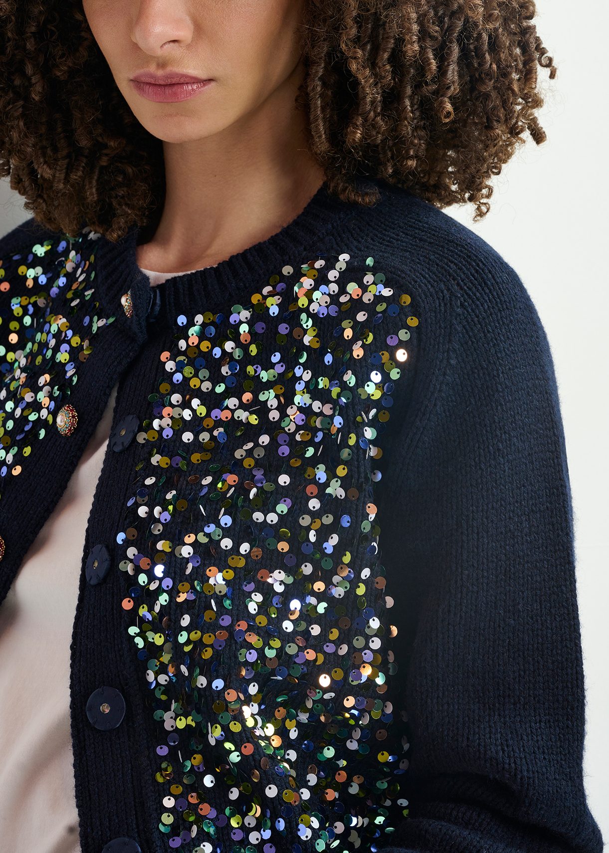 Navy wool-blend cardigan with sequin embellishments and pearl