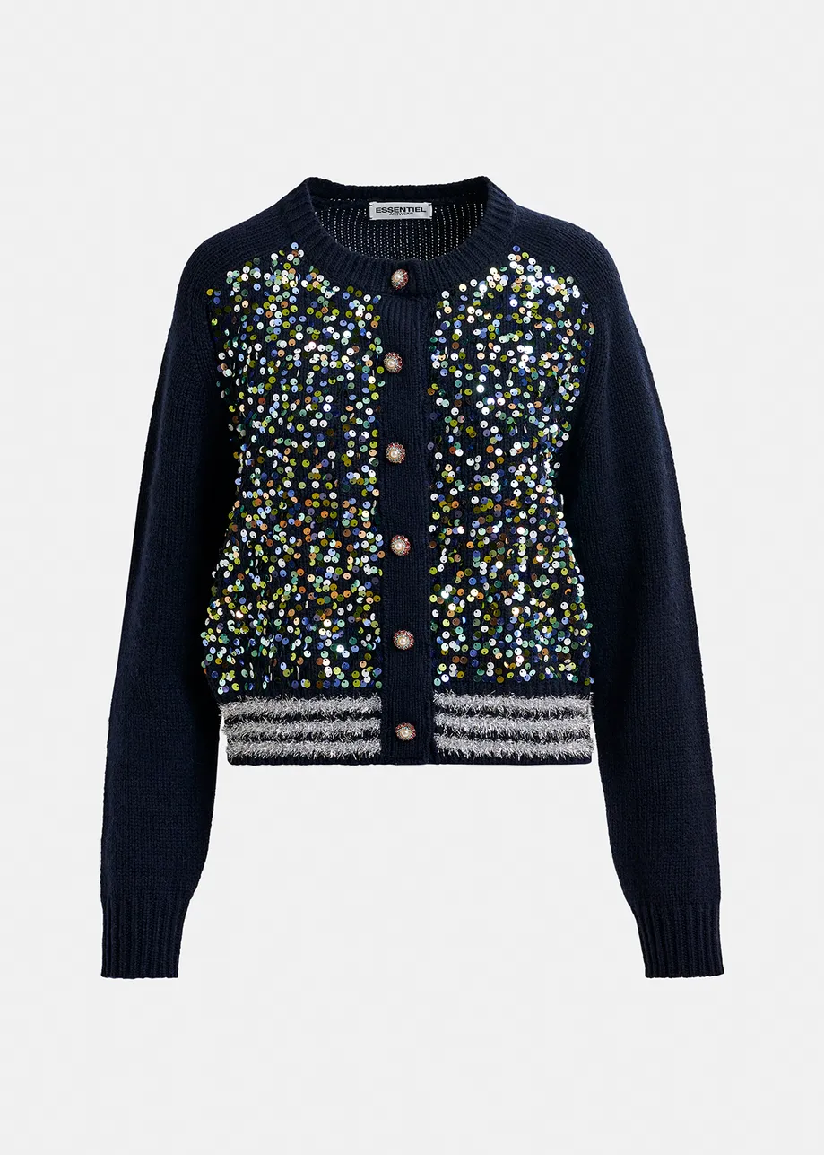 Navy wool-blend cardigan with sequin embellishments and pearl buttons