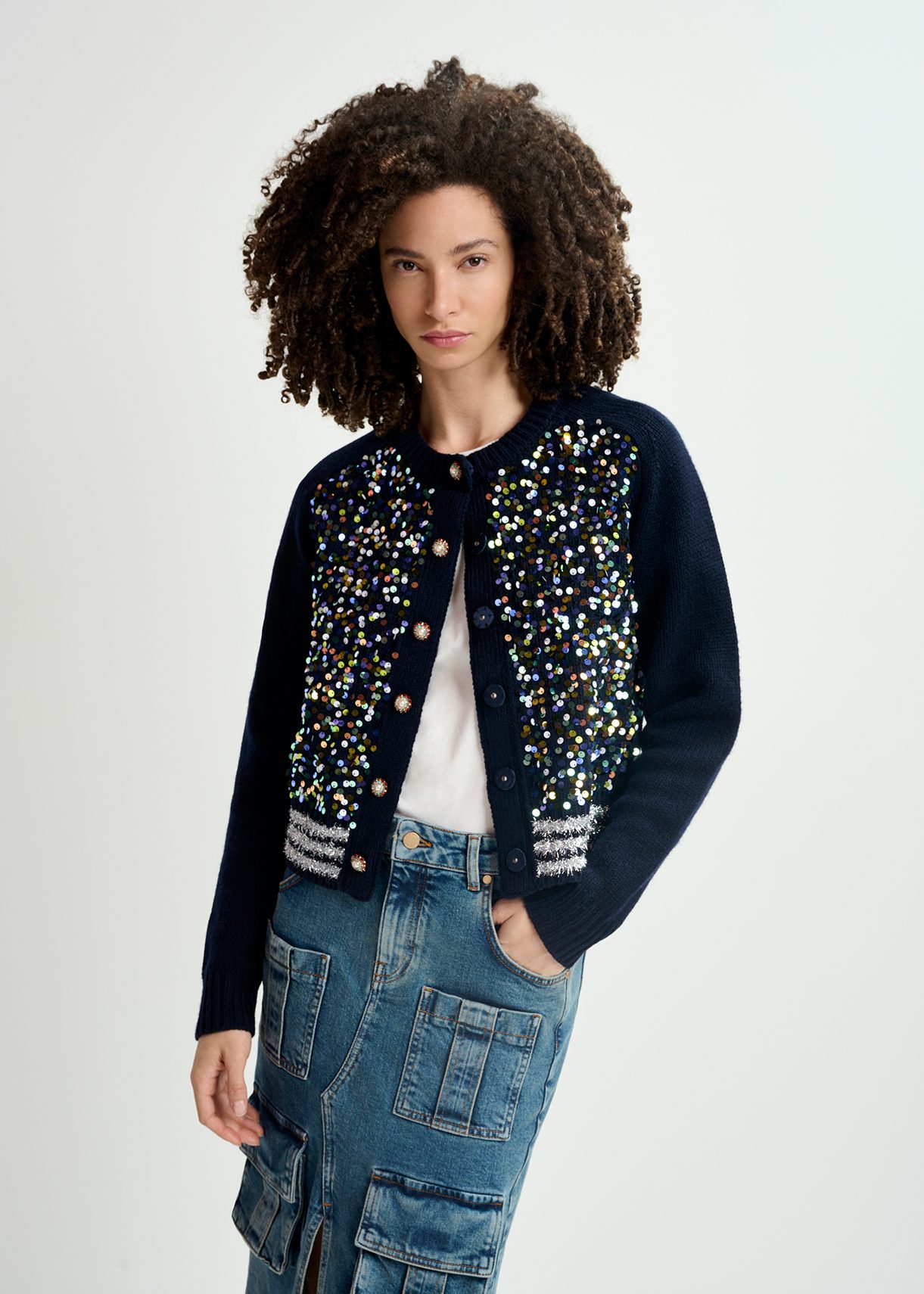 Navy wool-blend cardigan with sequin embellishments and pearl