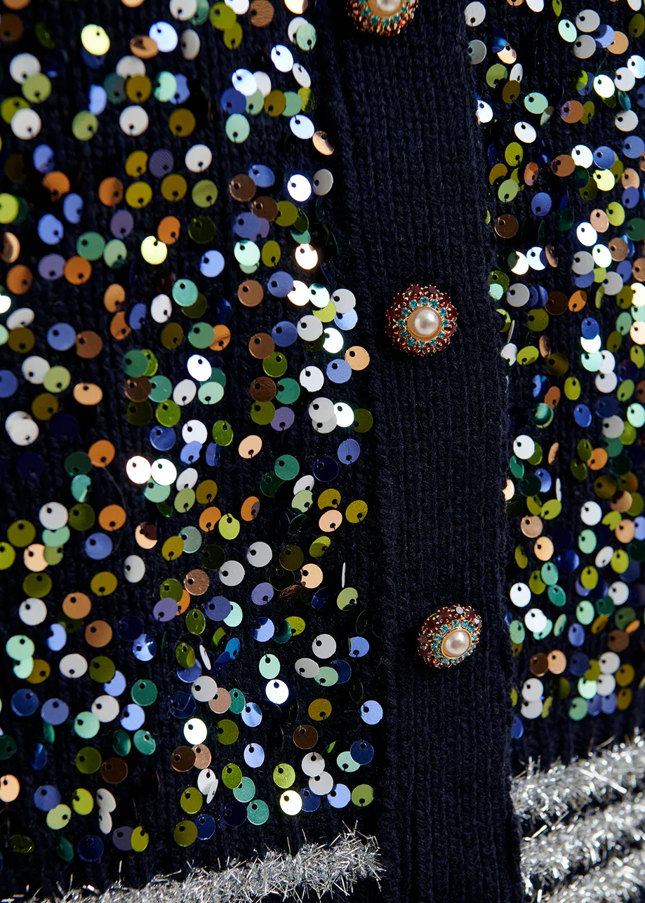 Navy wool-blend cardigan with sequin embellishments and pearl buttons