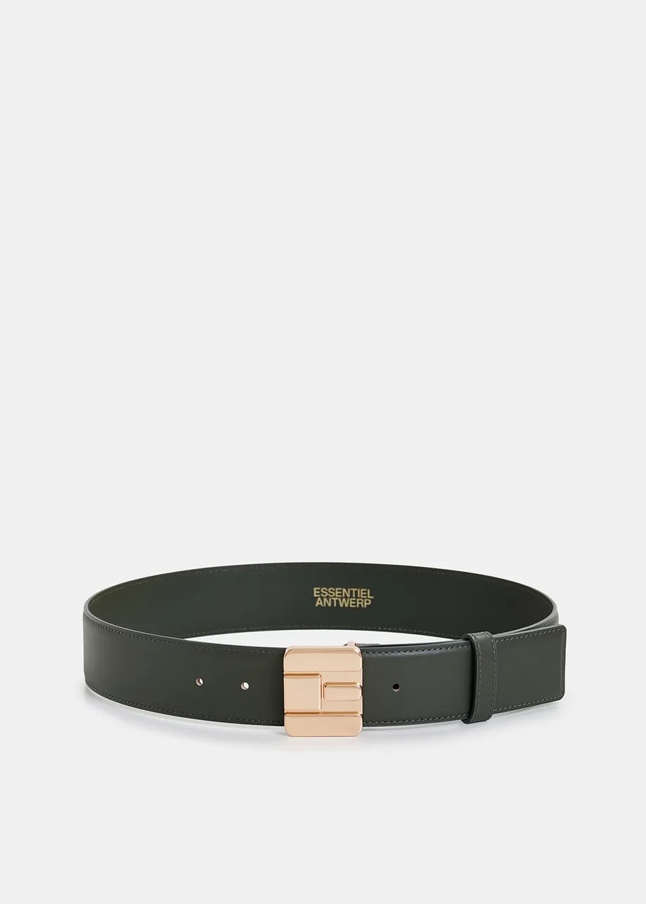 Dark green leather belt with E-shaped buckle