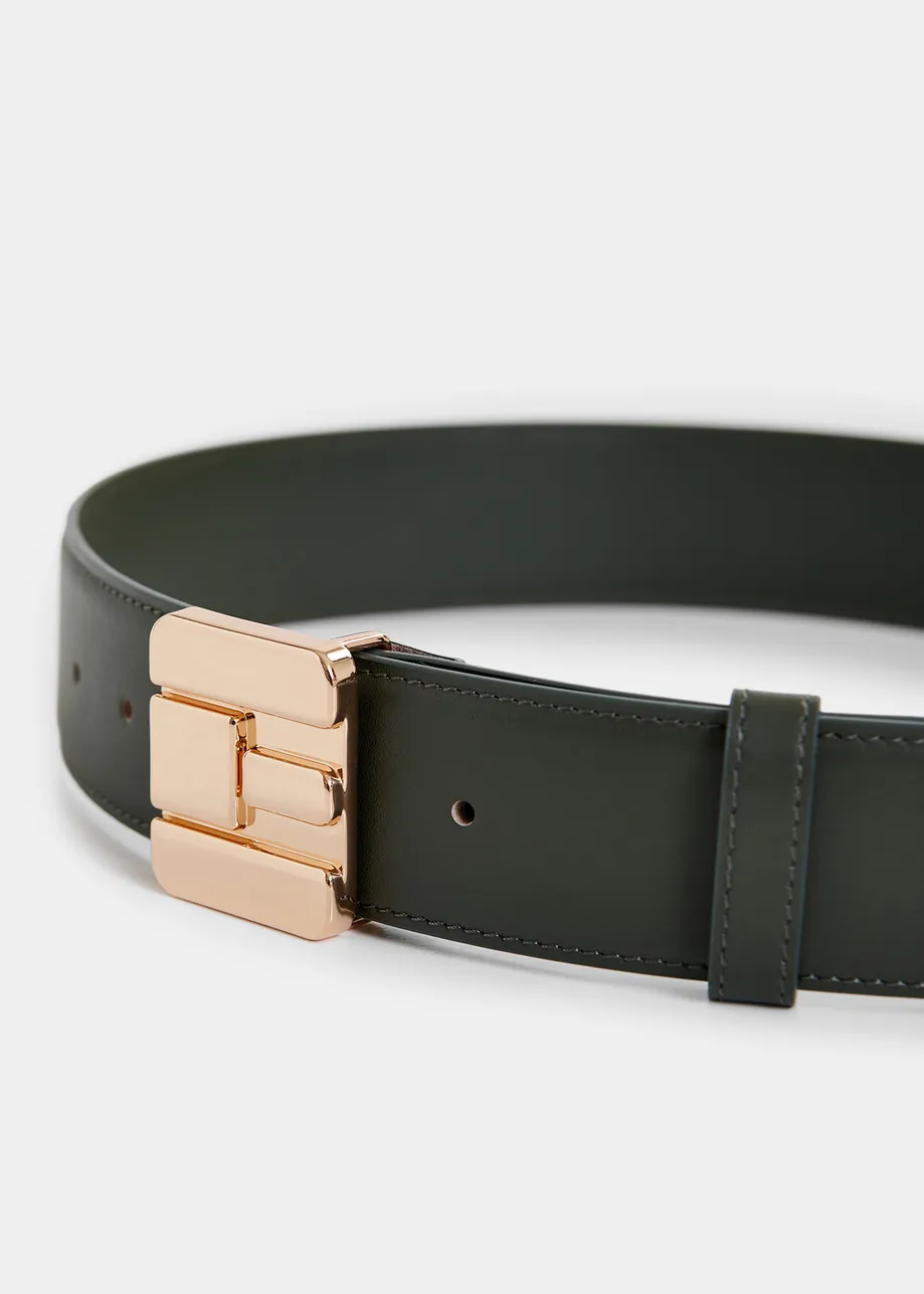 Dark green leather belt with E-shaped buckle