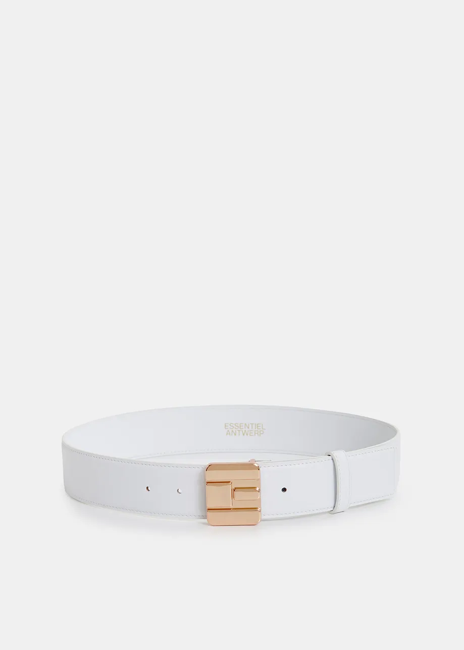 Off-white leather belt with E-shaped buckle