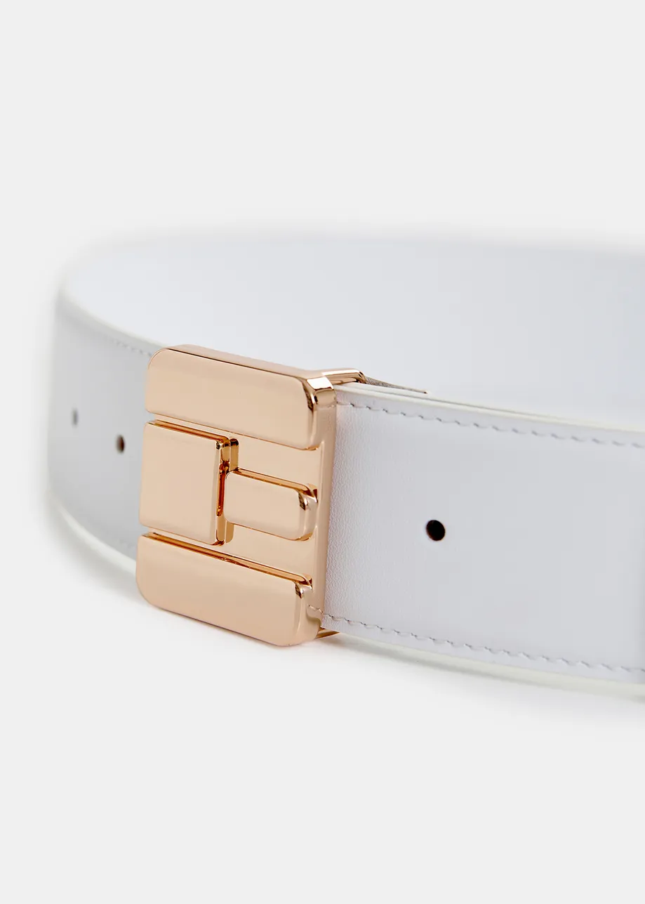 Off-white leather belt with E-shaped buckle