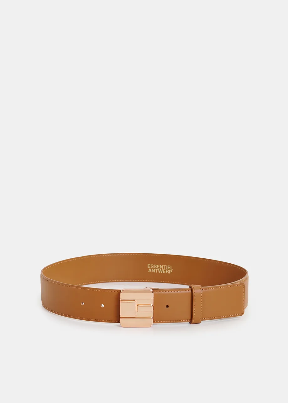 Brown leather belt with E-shaped buckle