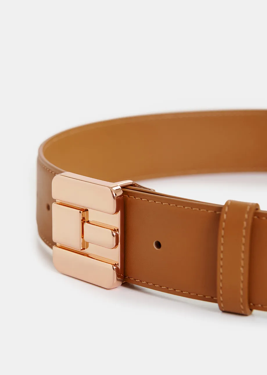 Brown leather belt with E-shaped buckle