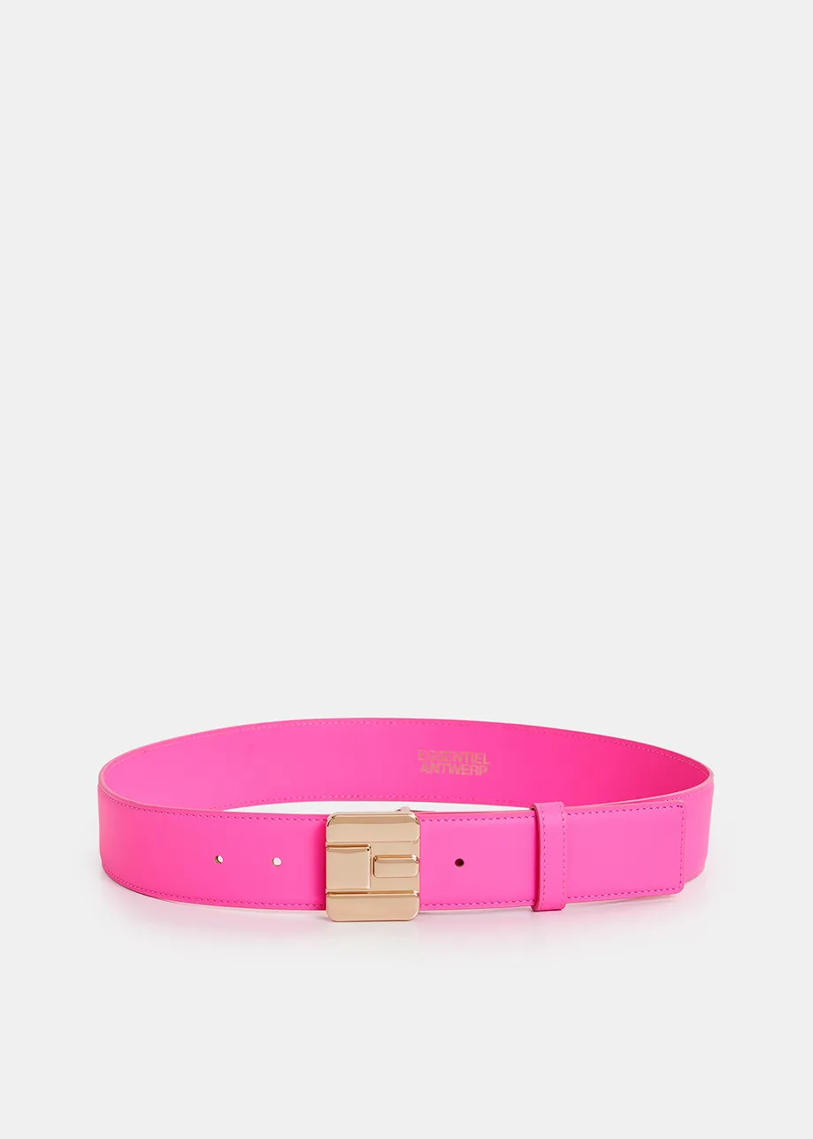 Bright pink leather belt with E-shaped buckle