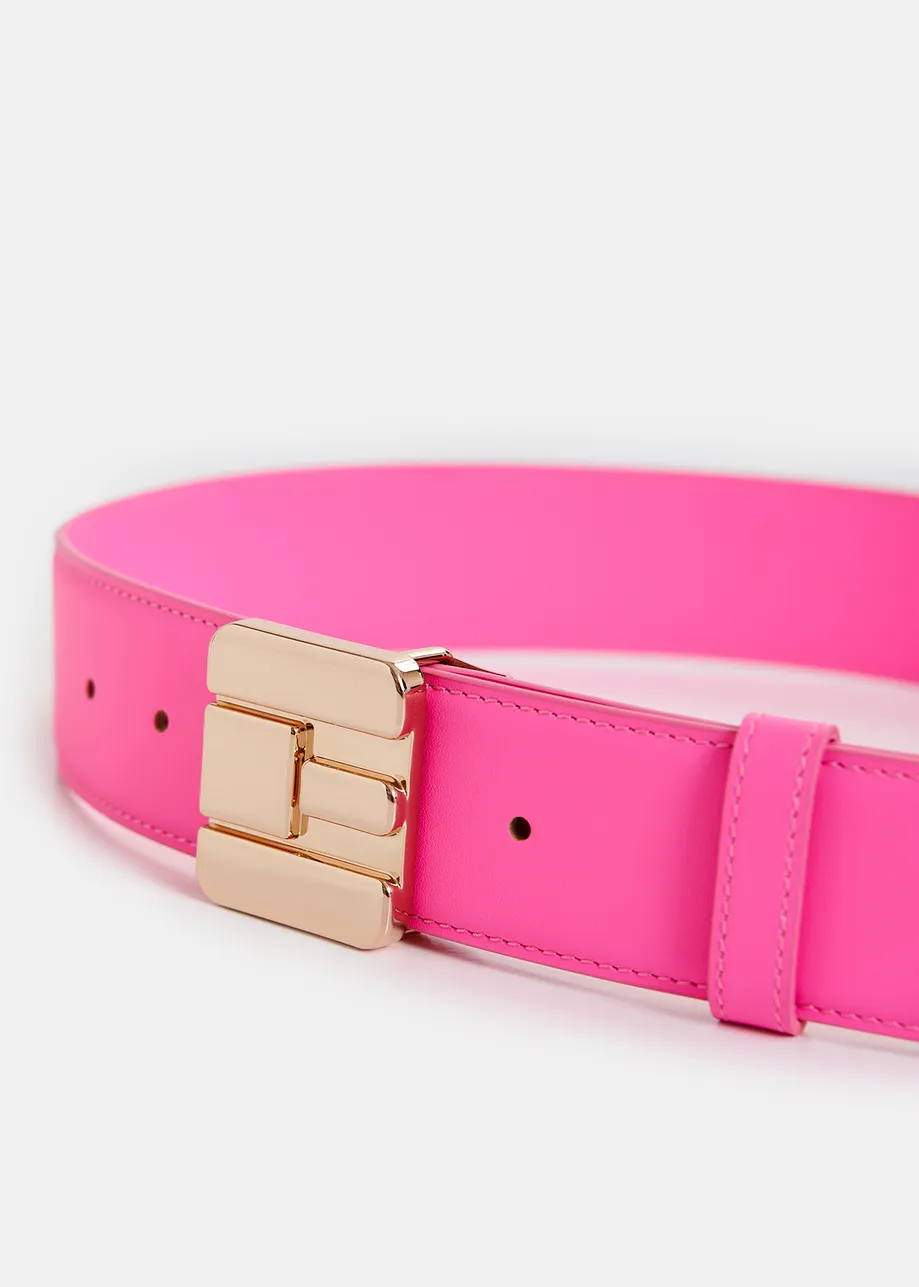 Bright pink leather belt with E-shaped buckle