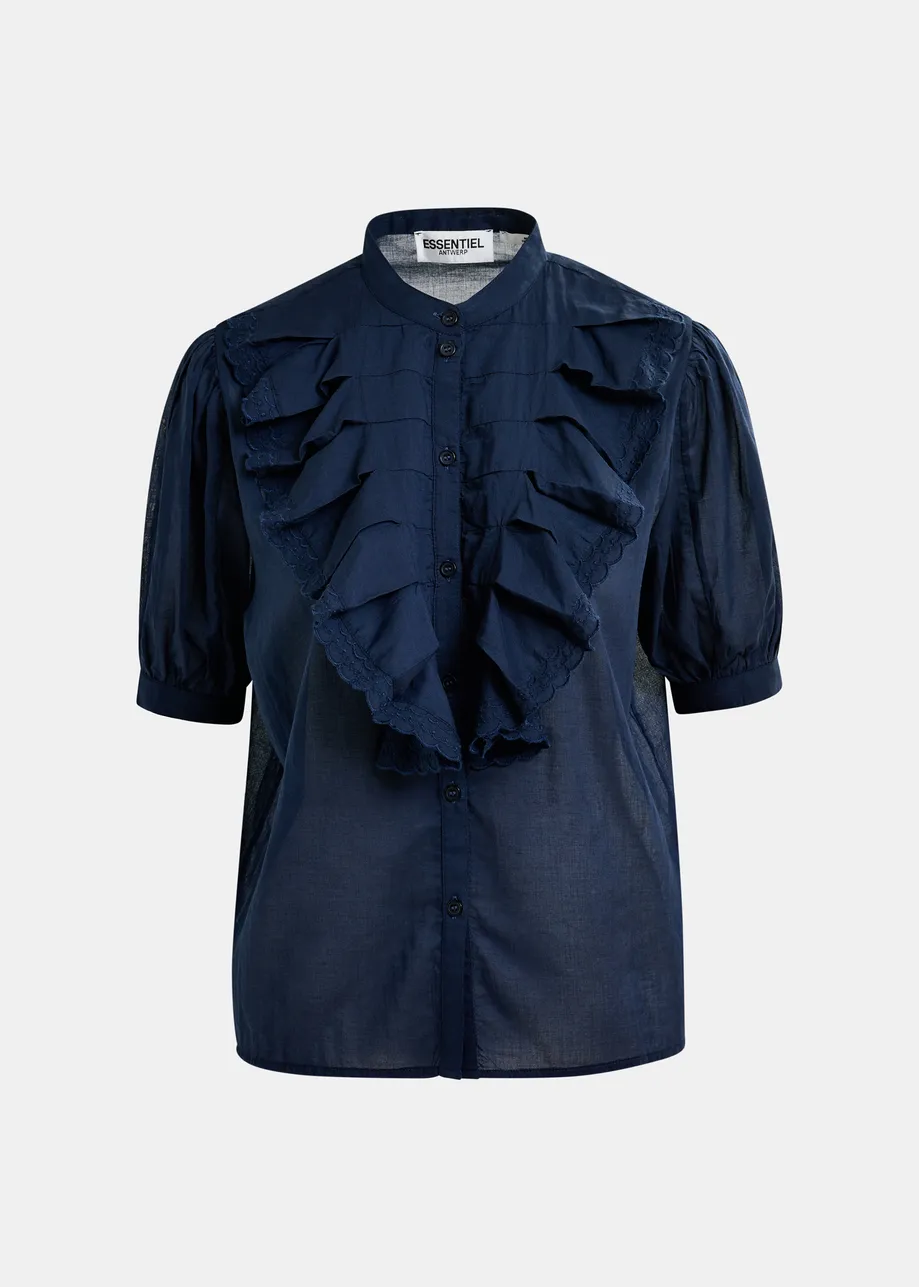 Dark blue cotton shirt with mandarin collar and ruffles