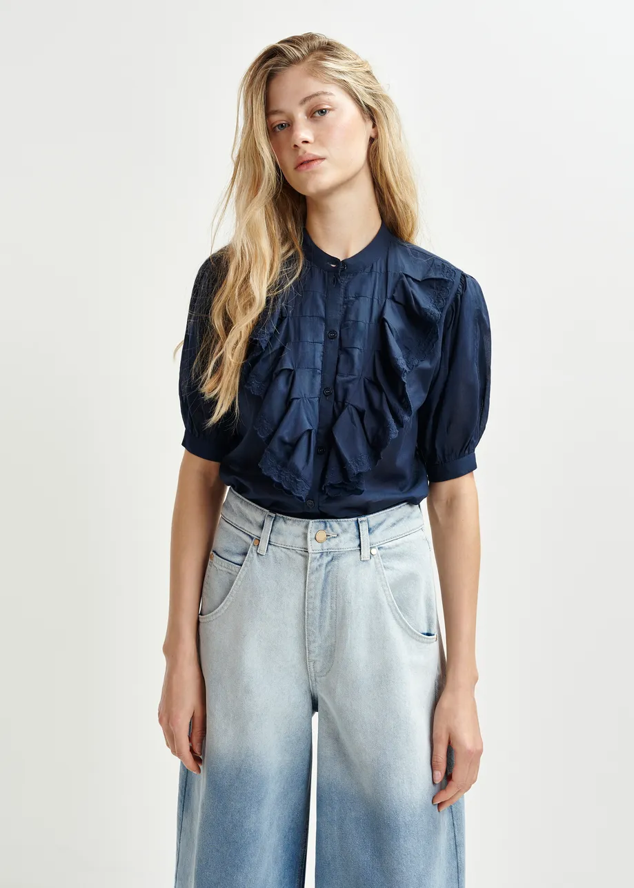 Dark blue cotton shirt with mandarin collar and ruffles