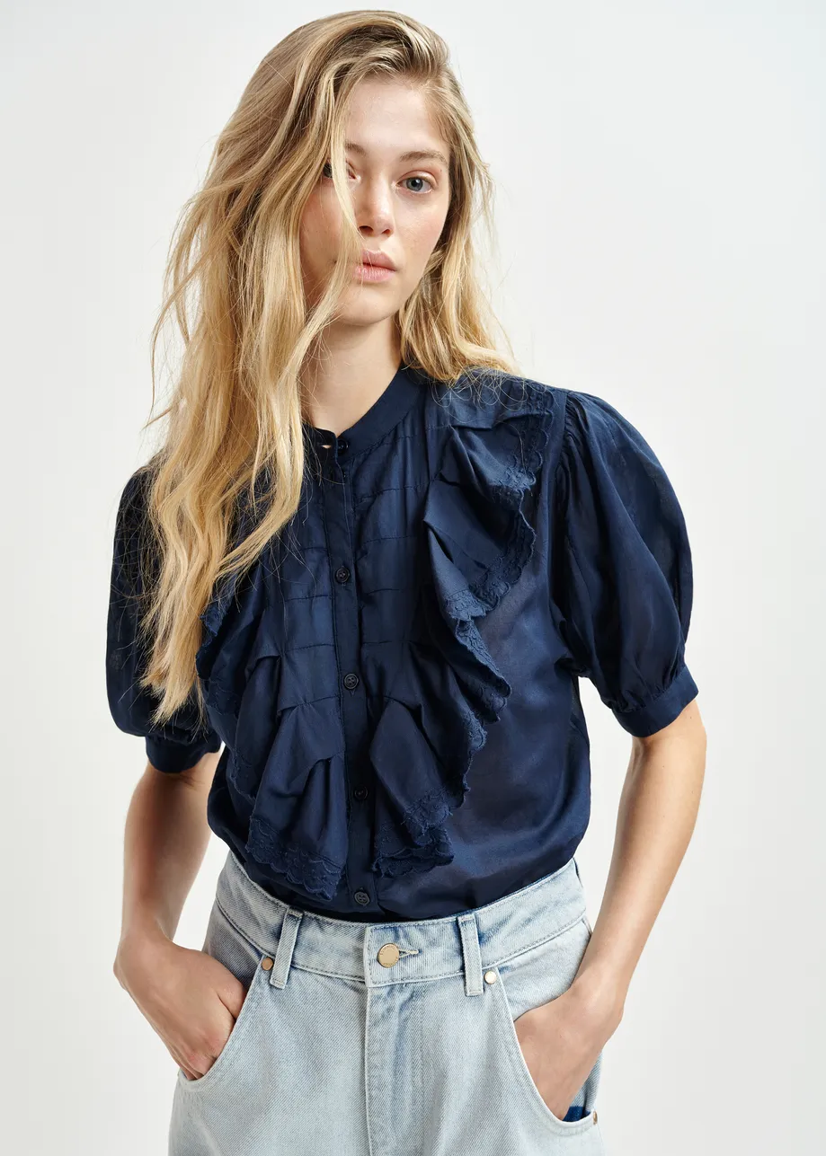 Dark blue cotton shirt with mandarin collar and ruffles