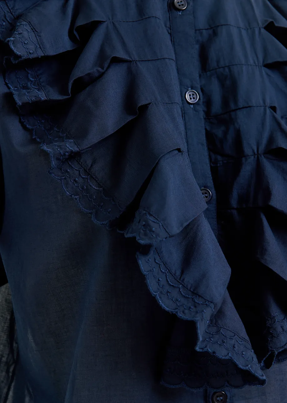 Dark blue cotton shirt with mandarin collar and ruffles