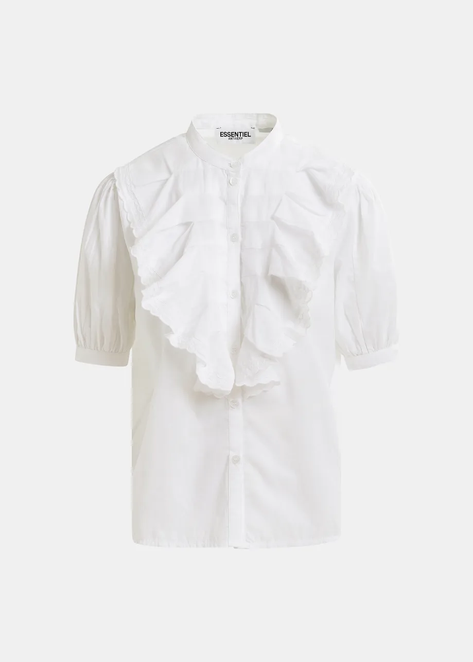 White cotton shirt with mandarin collar and ruffles