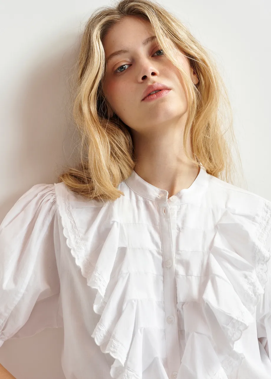 White cotton shirt with mandarin collar and ruffles