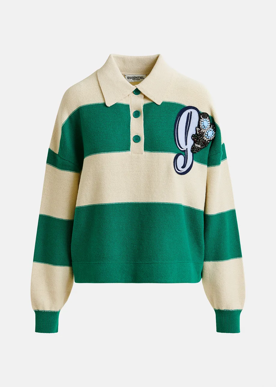 Beige and green striped knitted polo with rhinestone and bead embroidery