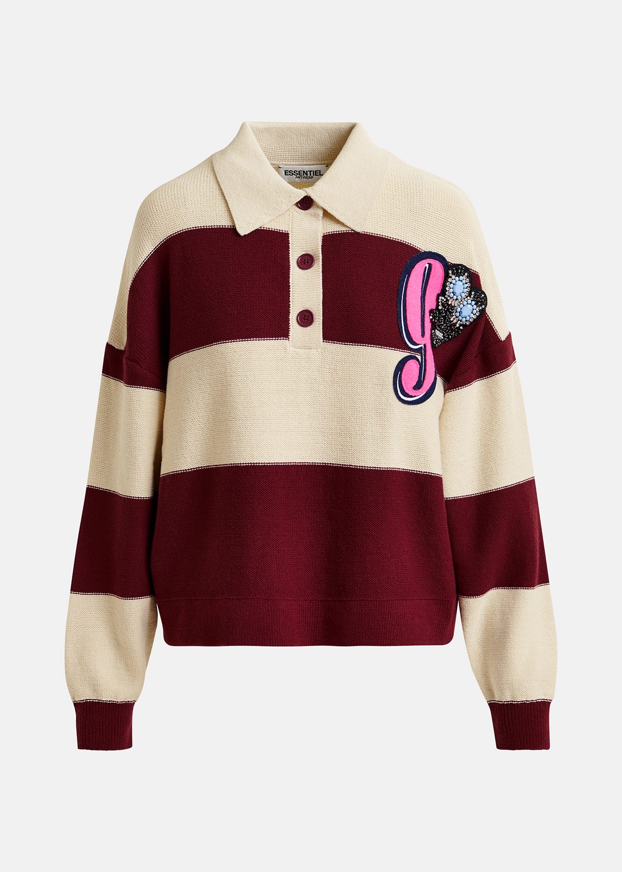 Beige and burgundy striped knitted polo with rhinestone and bead embroidery