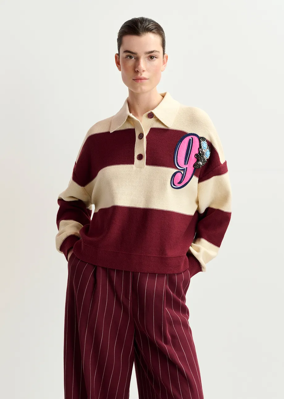 Beige and burgundy striped knitted polo with rhinestone and bead embroidery